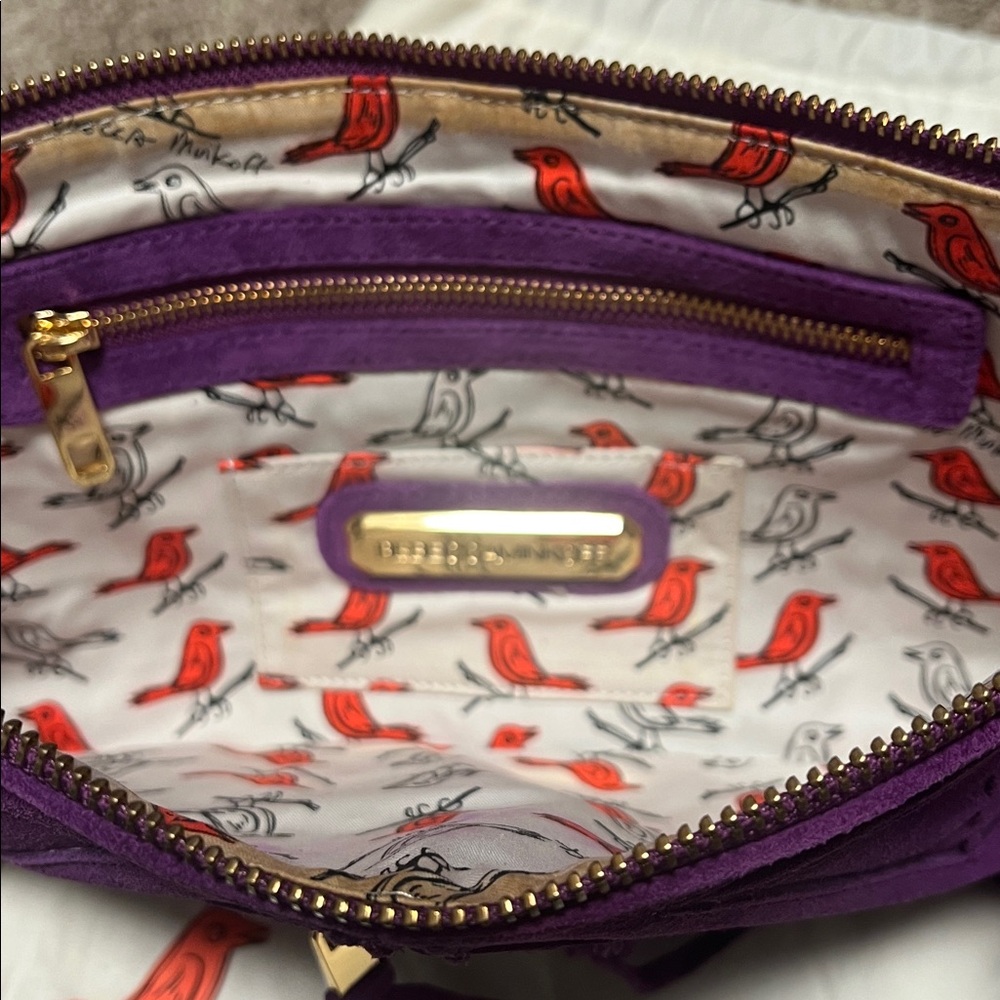 Rebecca Minkoff Love Letter Loveletter clutch, bird lining, purple suede, EUC! - Picture 7 of 9